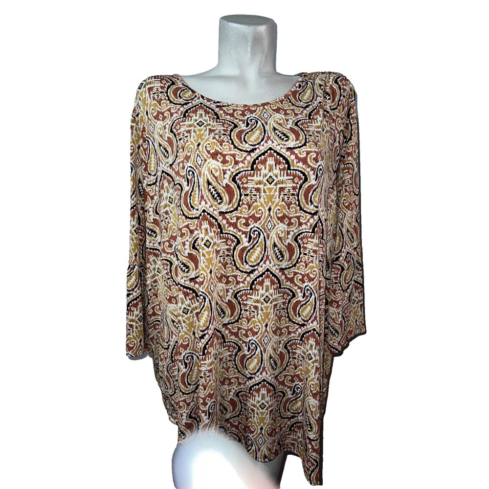 New Directions Curvy Size 3X Paisley Geometric Asymmetrical Knit Top Brown Gold